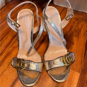 Gucci Marmont gold leather heels